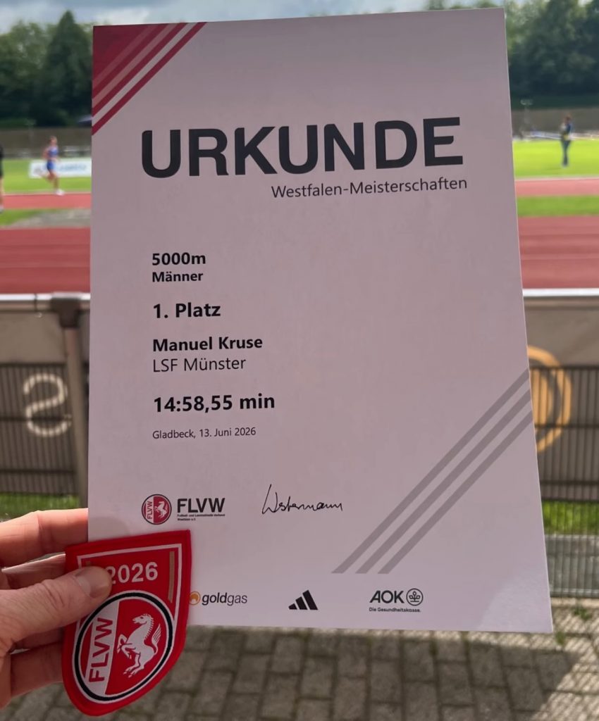 Screenshot Manuel Kruse, LSF Münster, wird 2026 FLVW Meister über 5.000 m in der Zeit von 14:58,55.